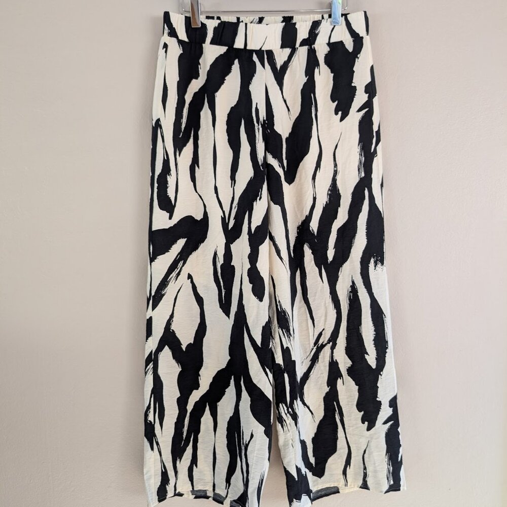 NWT Pleione Textured Easy Wide Leg Pull-on Pants Cream Black Paint Stroke Size M
